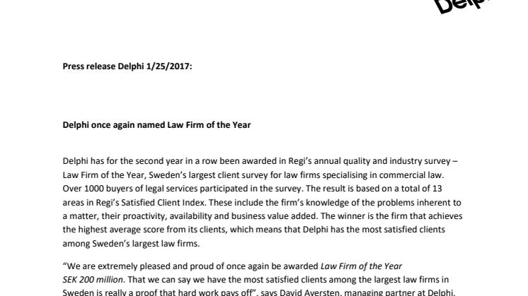 Delphi once again named Law Firm of the Year