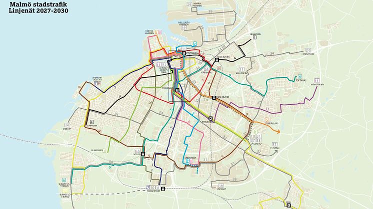 Planerat linjenät för stadsbussar i Malmö 2027-2030