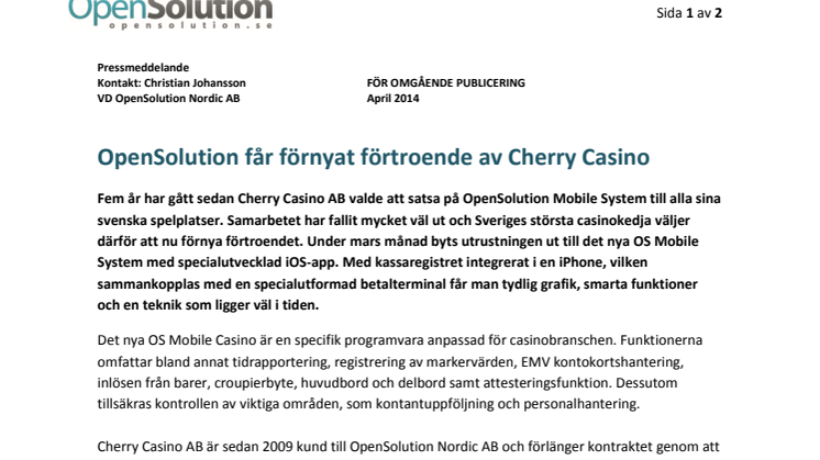 OpenSolution får förnyat förtroende av Cherry Casino