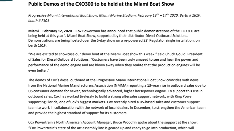 Public Demos of the CXO300 to be held at the Miami Boat Show