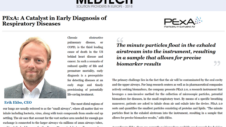 PExA utnämnd till en av  ”Top 20 MedTech Solution Providers” i  Europa 2018 av MedTech Outlook Magazine