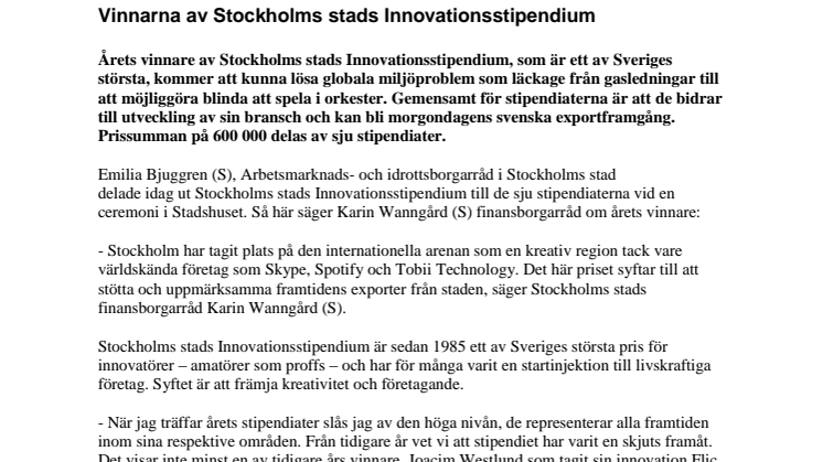 Vinnarna av Stockholms stads Innovationsstipendium