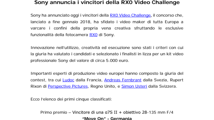 Sony annuncia i vincitori della RX0 Video Challenge