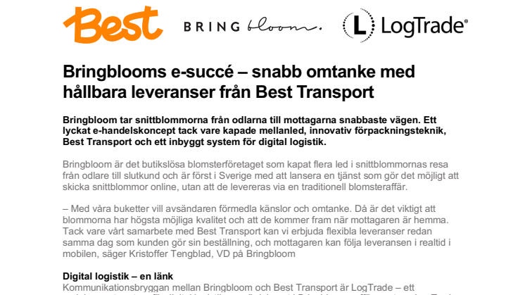 Bringblooms e-succé – snabb omtanke med hållbara leveranser från Best Transport