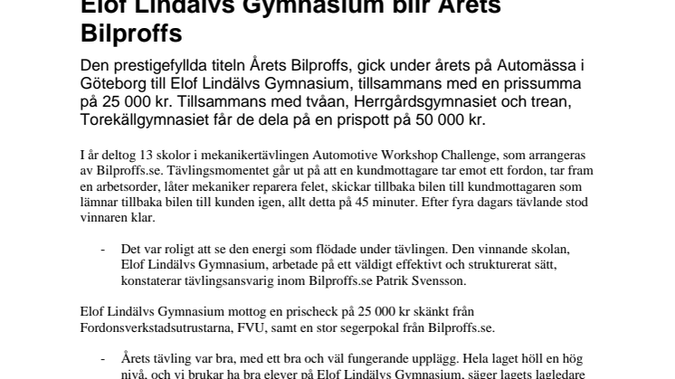 Team Elof Lindälvs Gymnasium blir Årets Bilproffs