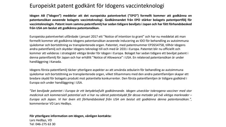 Europeiskt patent godkänt för Idogens vaccinteknologi