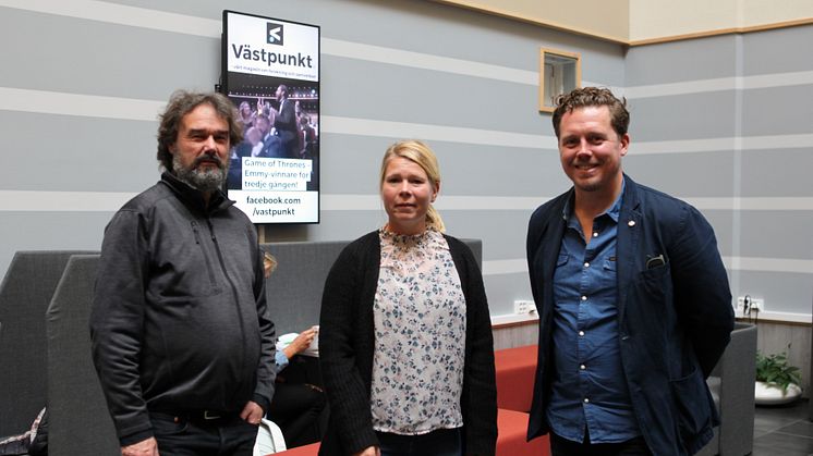 Ola Lindberg, Sara Ekström och Johan Lundin vid kick-offen för GRADE på Högskolan Väst i Trollhättan.