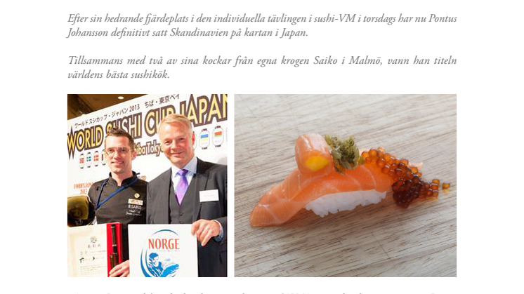 Storslam för Pontus Johansson och SALMA i sushi-VM