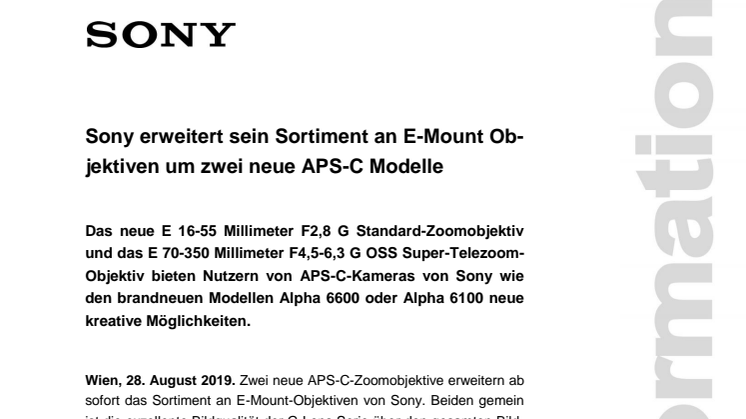 Sony erweitert sein Sortiment an E-Mount Objektiven um zwei neue APS-C Modelle