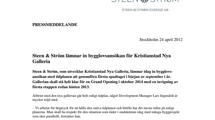 Steen & Ström lämnar in bygglovsansökan för Kristianstad Nya Galleria