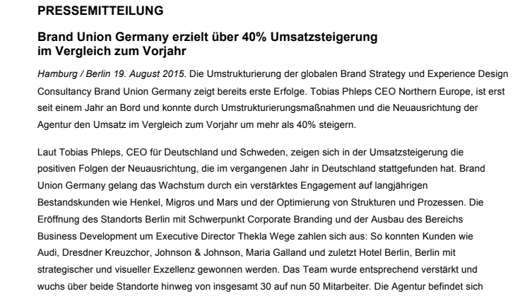 Brand Union Germany erzielt über 40% Umsatzsteigerung im Vergleich zum Vorjahr