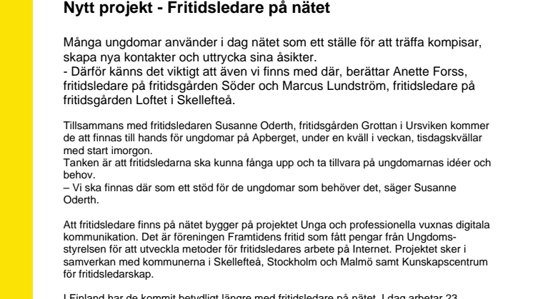 Nytt projekt - Fritidsledare på nätet i Skellefteå