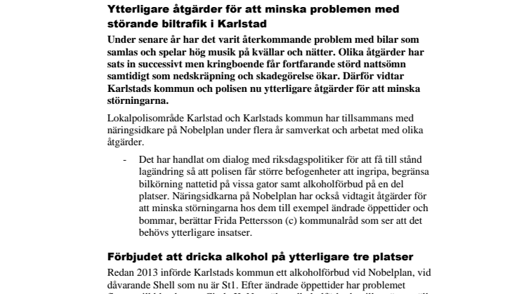 Ytterligare åtgärder för att minska problemen med störande biltrafik i Karlstad