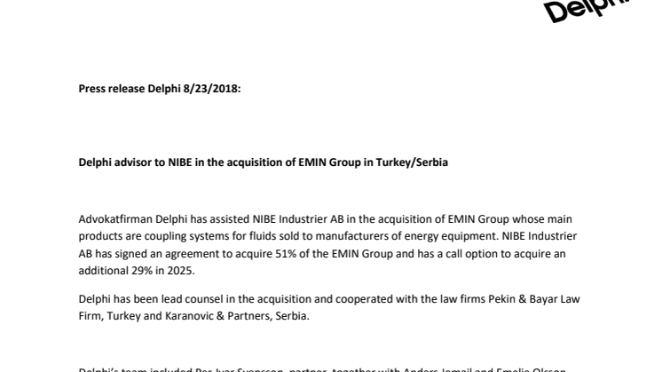 Delphi advisor to NIBE in the acquisition of EMIN Group in Turkey/Serbia