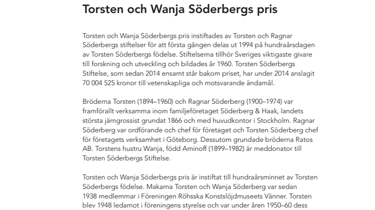 Historik Torsten och Wanja Söderbergs pris