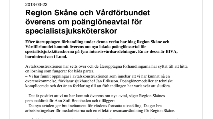 Region Skåne och Vårdförbundet överens om poänglöneavtal för specialistsjuksköterskor