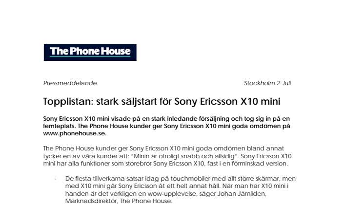 Topplistan: stark säljstart för Sony Ericsson X10 mini 