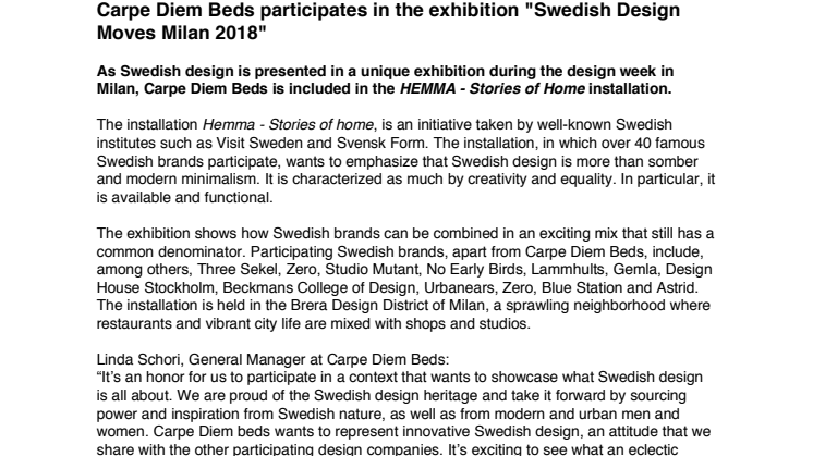 Carpe Diem Beds participates in the exhibition "Swedish Design Moves Milan 2018"