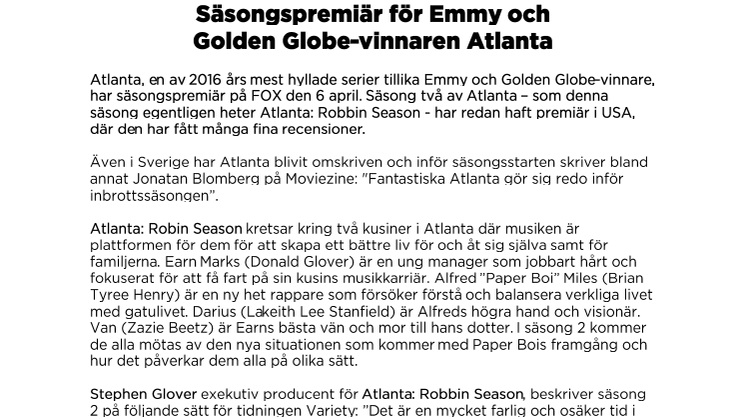 ​Säsongspremiär för Emmy och Golden Globe-vinnaren Atlanta