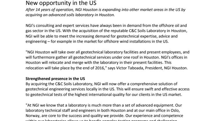 New opportunity in the US