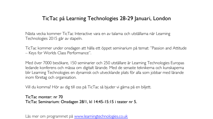 TicTac på Learning Technologies 28-29 Januari, London
