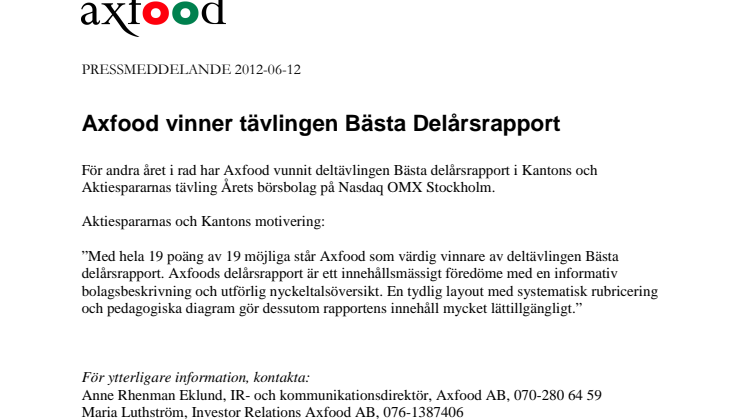 Axfood vinner tävlingen Bästa Delårsrapport