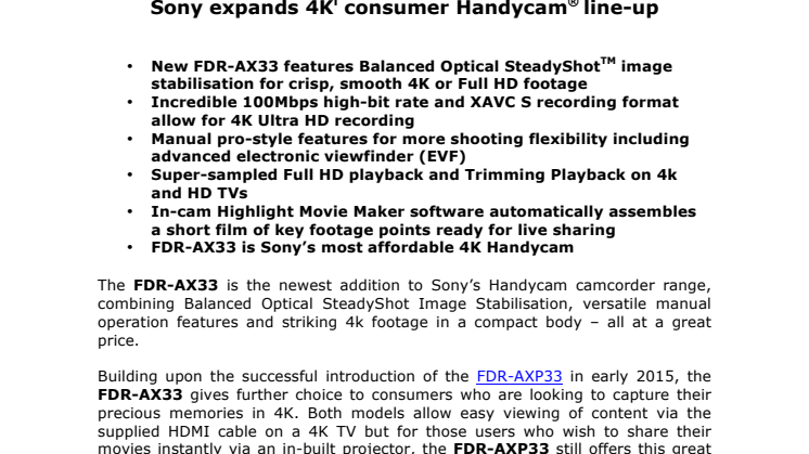 Sony expands 4K  consumer Handycam® line-up 