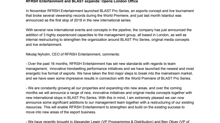RFRSH Entertainment and BLAST expands: Opens London Office