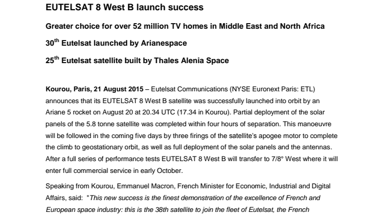 EUTELSAT 8 West B launch success