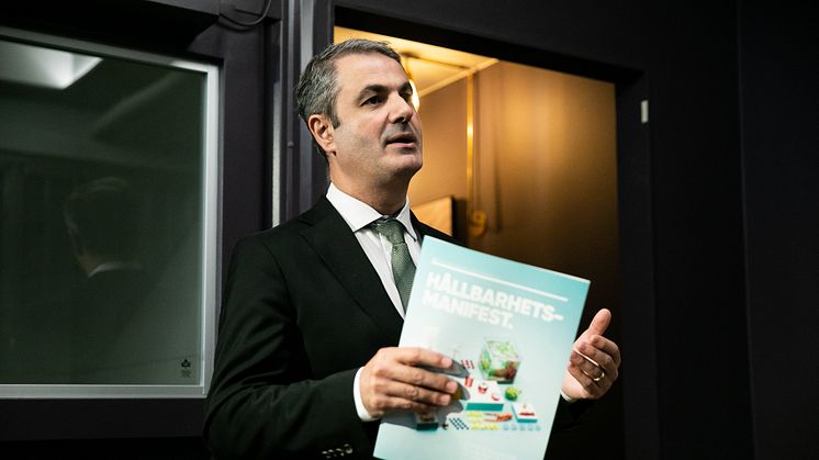 Näringsminister Ibrahim Baylan under lanseringen av Livsmedelsföretagens Hållbarhetsmanifest 2019