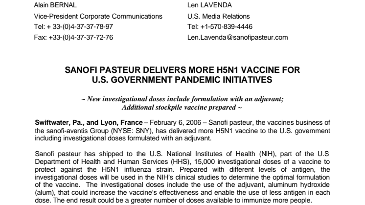 SANOFI PASTEUR DELIVERS MORE H5N1 VACCINE FOR U.S. GOVERNMENT PANDEMIC INITIATIVES