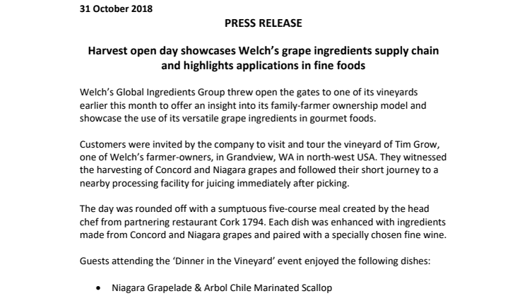 PRESS RELEASE Harvest open day showcases Welch’s grape ingredients supply chain and highlights applications in fine foods