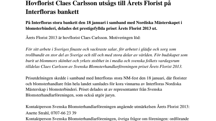 Hovflorist Claes Carlsson utsågs till Årets Florist på Interfloras bankett