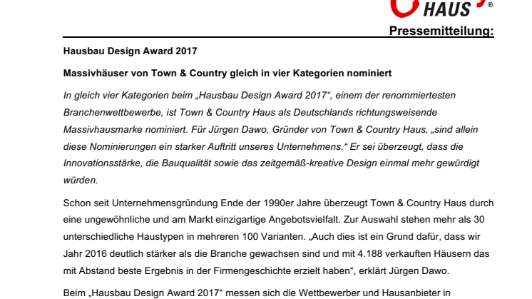 Hausbau Design Award 2017: Massivhäuser von Town & Country gleich in vier Kategorien nominiert