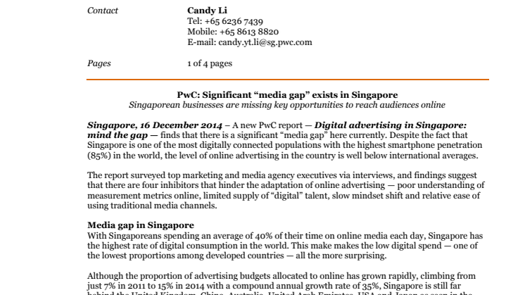 PwC: Significant “media gap” exists in Singapore