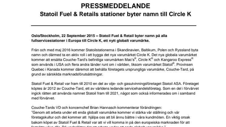 Statoil Fuel & Retails stationer byter namn till Circle K