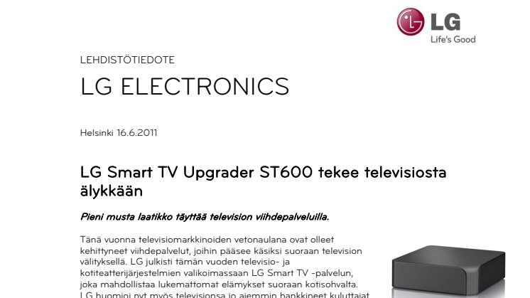 LG Smart TV Upgrader ST600 tekee televisiosta älykkään