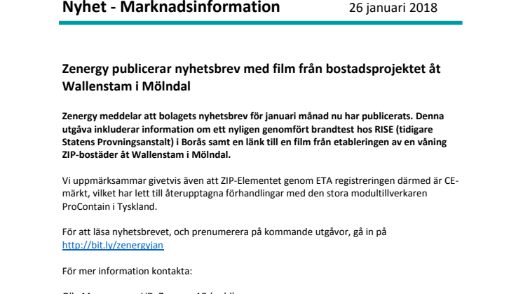 Zenergy publicerar nyhetsbrev med film från bostadsprojektet åt Wallenstam i Mölndal