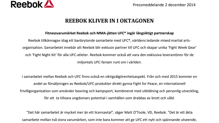 Reebok och MMA-jätten UFC® ingår långsiktigt partnerskap