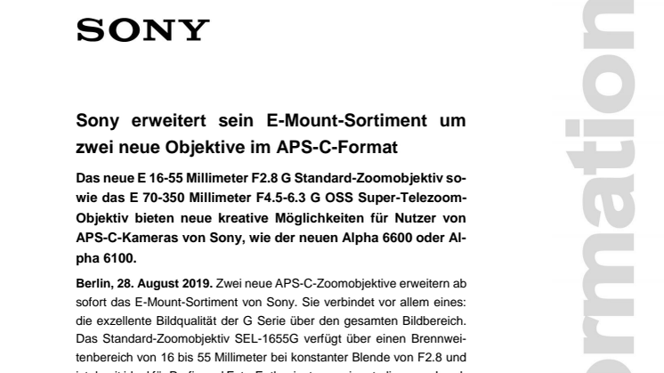 Sony erweitert sein E-Mount-Sortiment um zwei neue Objektive im APS-C-Format
