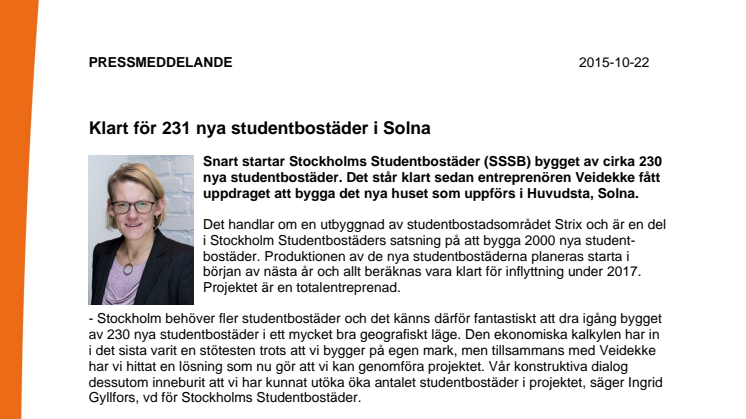Klart för 231 nya studentbostäder i Solna