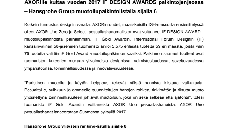 AXORille kultaa vuoden 2017 iF DESIGN AWARDS palkintojenjaossa  – Hansgrohe Group muotoilupalkintolistalla sijalla 6
