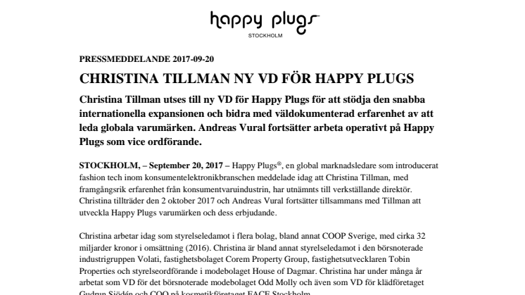 HAPPY PLUGS NAMES CHRISTINA TILLMAN AS CEO TO SUPPORT RAPID INTERNATIONAL EXPANSION
