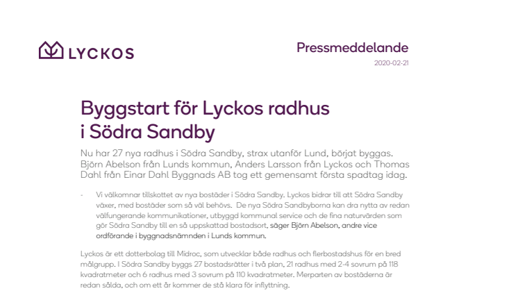Byggstart för Lyckos radhus i Södra Sandby, Lund