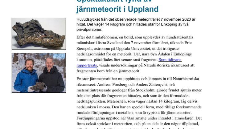Spektakulärt fynd av järnmeteorit i Uppland