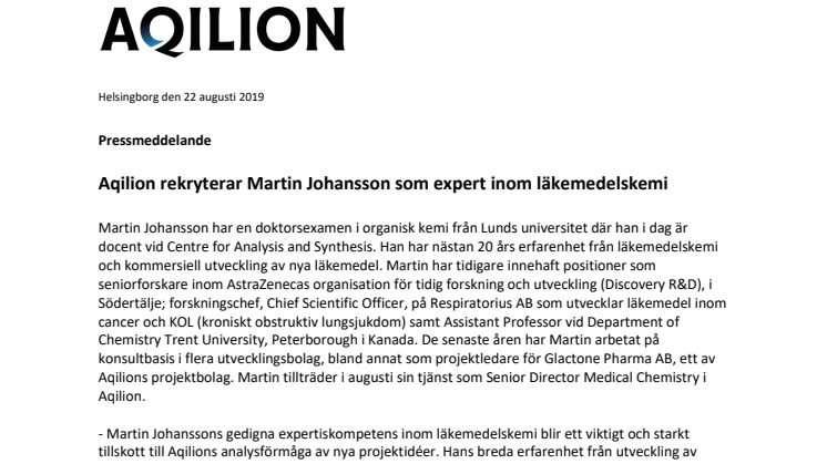 Aqilion rekryterar Martin Johansson som expert inom läkemedelskemi