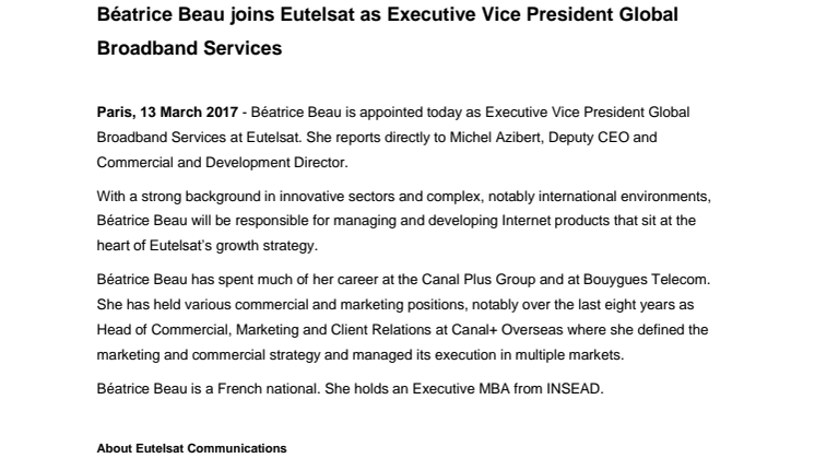 Béatrice Beau joins Eutelsat as Executive Vice President Global Broadband Services