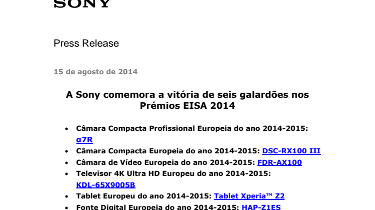 A Sony comemora a vitória de seis galardões nos Prémios EISA 2014