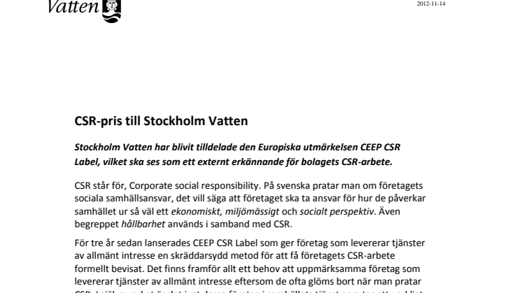 CSR-pris till Stockholm Vatten 