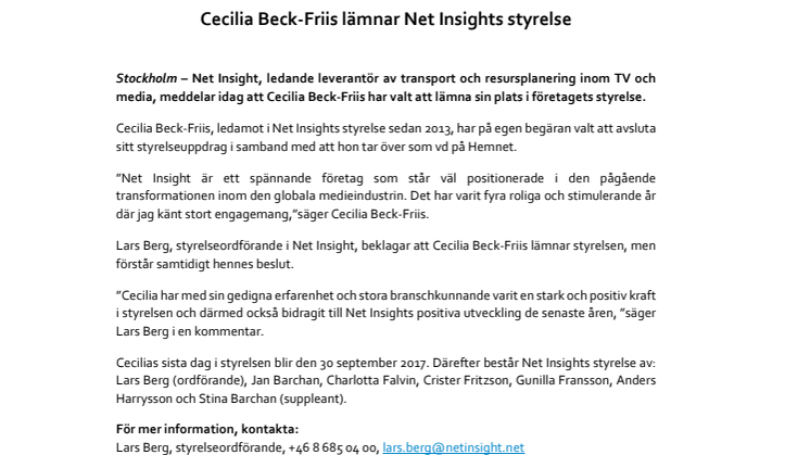 Cecilia Beck-Friis lämnar Net Insights styrelse